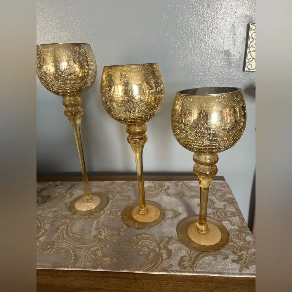 Set of 3 Crackle Gold Glass Tealight Holders